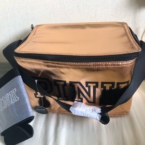 NWT Victoria's Secret PINK Rose Gold Metallic Cooler Bag & Can Coozie Set